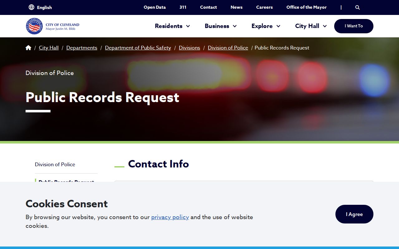Cleveland Police public records request page for arrest records