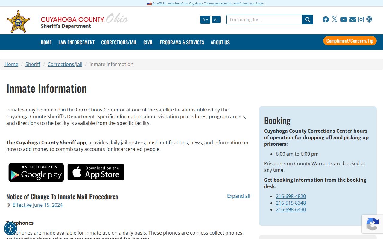 Cuyahoga County Corrections Center inmate information and jail roster app guidance