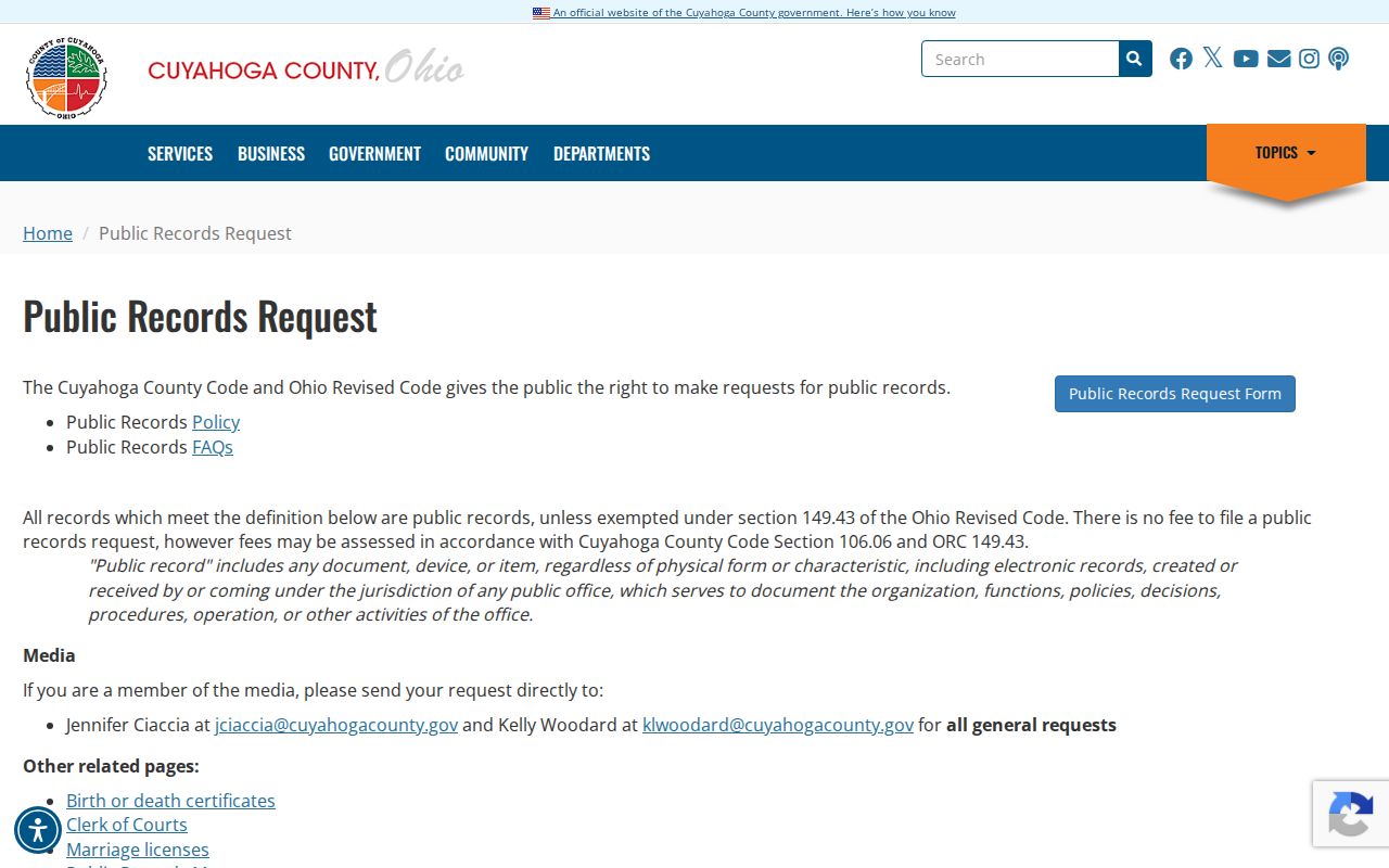 Cuyahoga County public records request route for booking records