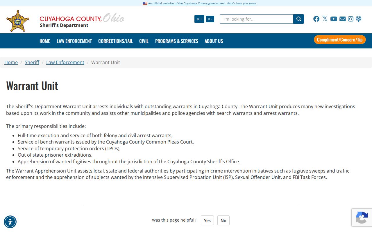Cuyahoga County Sheriff Warrant Unit warrant-record information