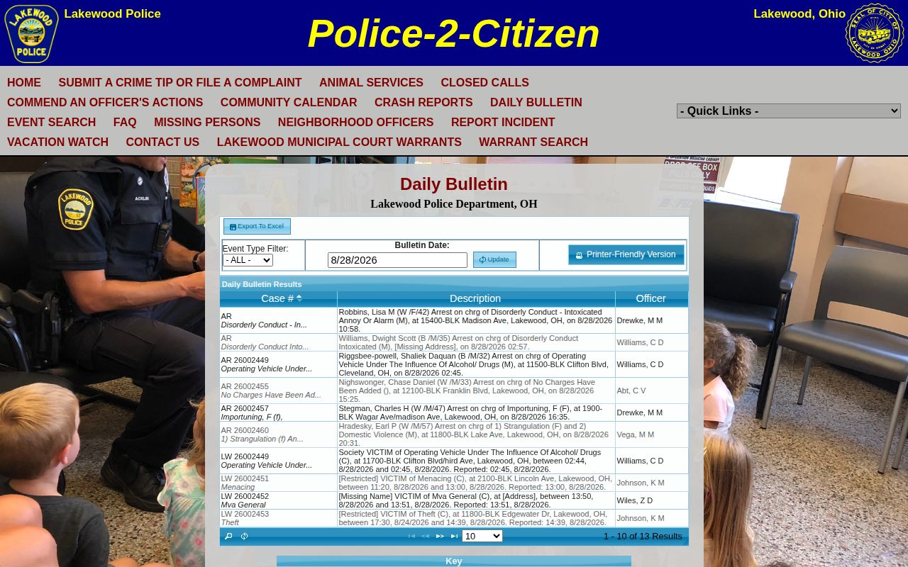 Lakewood Police P2C Daily Bulletin for arrest records